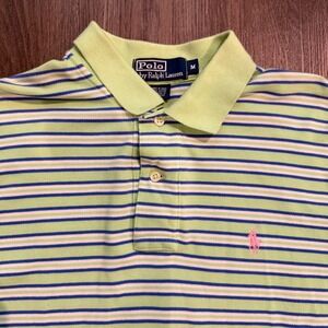 Polo Ralph Lauren Mens Medium Lime Green Blue Striped Short Sleeve Polo Shirt